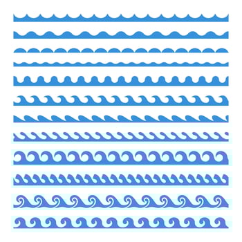 Water wavy borders. Aquatic waves frame. Seamless blue horizontal marine curly brush. Decorative stormy sea tide, curved river, liquid elements design, collection vector