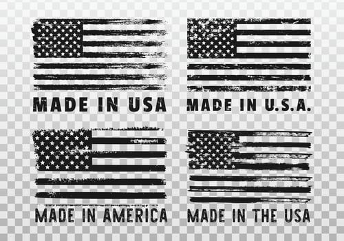 Made in USA. Label with grunge American flags for product emblems. Vintage industrial quality stickers. Shopping badges and stamps with lettering. illustration vector