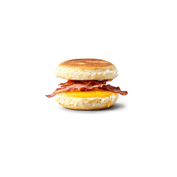 Breakfast sandwich with levitating egg cheese and bacon on an English muffin Food and culinary png