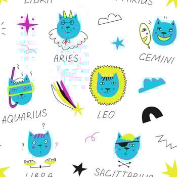 Pattern with hand drawn cat zodiac signs vector