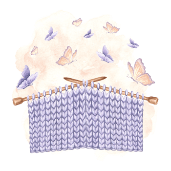 Butterflies flutter over Knitted fabric sample on knitting needles. Hand drawn watercolor illustration. Isolated template for print , card, knitter blog, needlework store, embroidery, scrapbooking. png