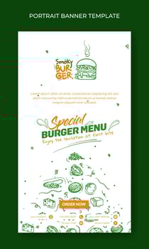 Portrait banner in white background with hand drawn of burger ingredients for social media post template or advertising design of street food vector