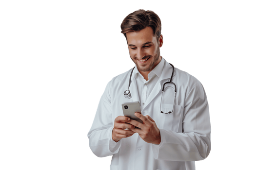 Cheerful young doctor in white coat smiling while looking at screen of his phone on isolated transparent background png