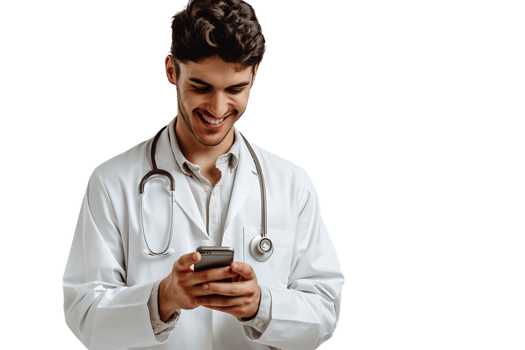 Cheerful young doctor in white coat smiling while looking at screen of his phone on isolated transparent background png