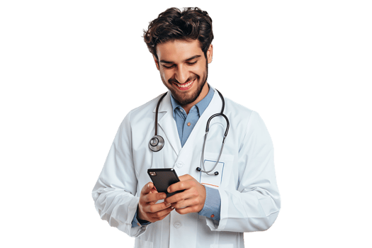 Cheerful young doctor in white coat smiling while looking at screen of his phone on isolated transparent background png