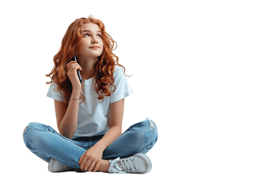 Happy young girl sitting on the floor, holding smartphone in hands and looking away, on isolated transparent background png