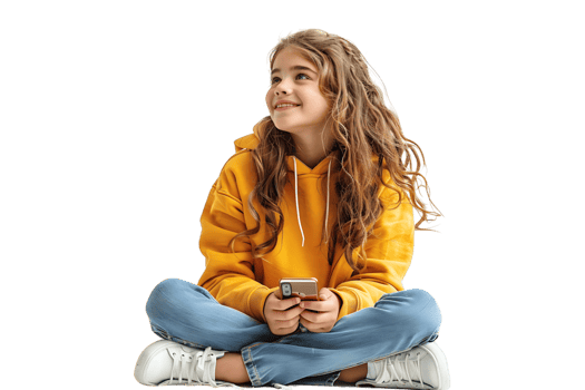 Happy young girl sitting on the floor, holding smartphone in hands and looking away, on isolated transparent background png