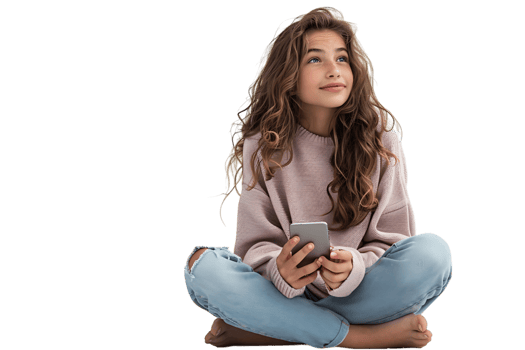 Happy young girl sitting on the floor, holding smartphone in hands and looking away, on isolated transparent background png