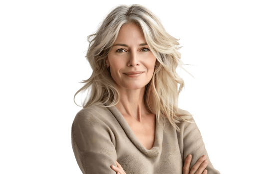 Happy blond haired mid aged woman standing on isolated transparent background png