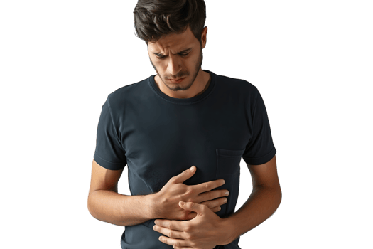 Young man touching his stomach on isolated transparent background png