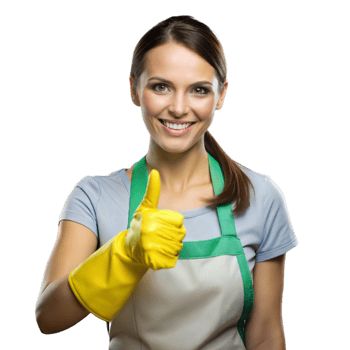Smiling Woman in Green Apron Giving Thumbs Up Wearing Yellow Gloves png