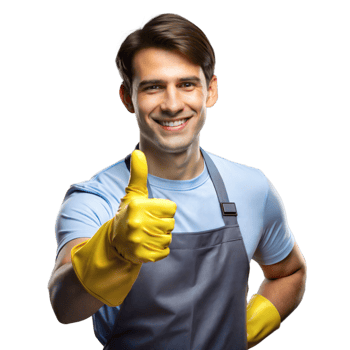 Smiling Man in a Blue Apron Giving a Thumbs Up Wearing Yellow Rubber Gloves png