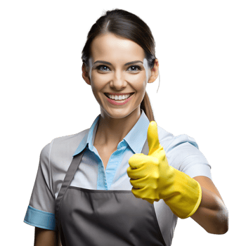 Smiling Woman in Apron and Yellow Gloves Giving Thumbs Up Gesture png