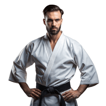 Confident Martial Artist in White Gi With Black Belt Posing Against Transparent Background png