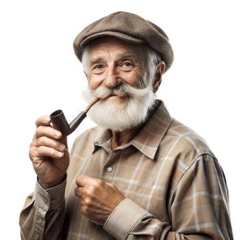 Elderly Man With White Mustache Wearing Flat Cap Posing With Pipe png