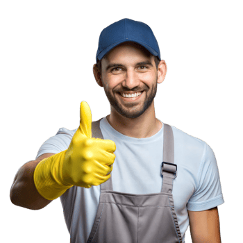 Cheerful Worker in Overalls and Yellow Gloves Giving Thumbs Up png