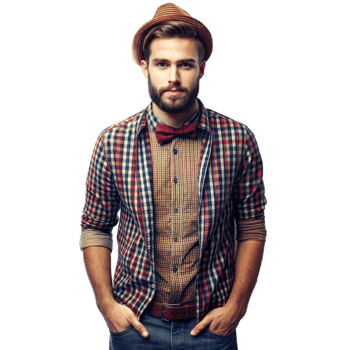 Stylish Young Man in Plaid Shirt, Bow Tie, and Fedora Posing in Studio png