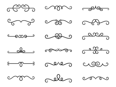Set of ornate swirl dividers for vintage frames and text separation. vector