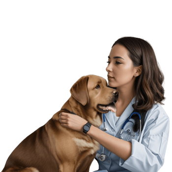 A veterinarian and a Labrador puppy at a veterinary clinic. Studio photo without background. Not real, created by AI. png