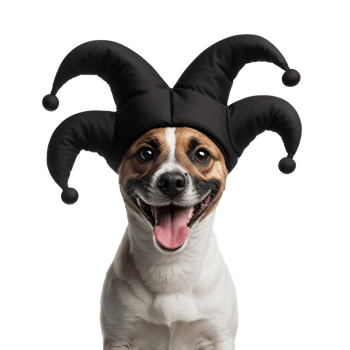Playful Dog in Black Jester Hat png