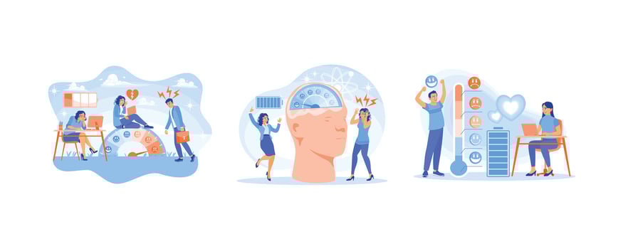 People are in a bad mood. A female employee who is stressed because she is tired at work. Good mood indicator. Stress concept. Set flat illustration. vector