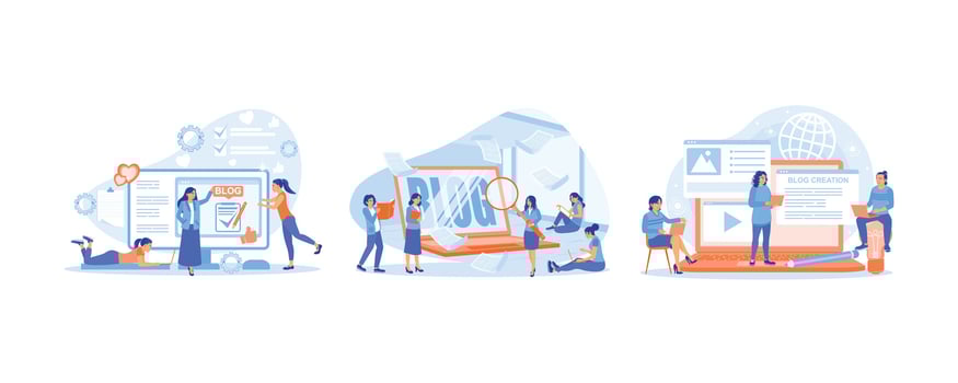 Woman creates web page. People create educational content on social media. Blog writers write articles. Blog concept. Set flat illustration. vector