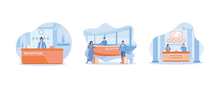 Female receptionist standing at the work desk. Male and female guests check in at the hotel. The receptionist checks the guest book. Hotel Receptionist concept. Set flat illustration. vector