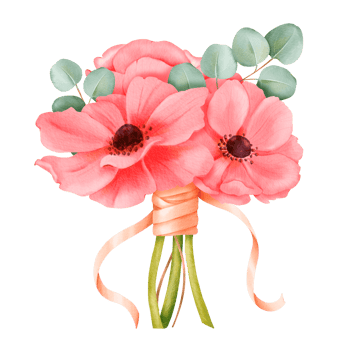 A bouquet of watercolor pink anemones embellished with eucalyptus leaves and satin ribbons. for enhancing wedding invitations, event decorations, botanical-themed designs creations, artistic projects png