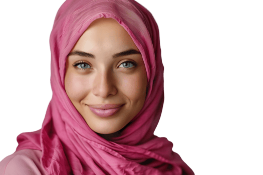 Happy Muslim woman in pink hijab, cheerfully smiles at camera, posing on isolated transparent background png