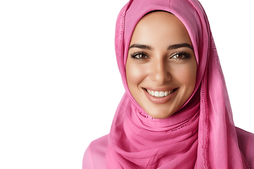 Happy Muslim woman in pink hijab, cheerfully smiles at camera, posing on isolated transparent background png