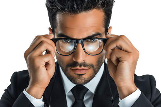 Intelligent business man wearing black suit holding his spectacles, on isolated transparent background png