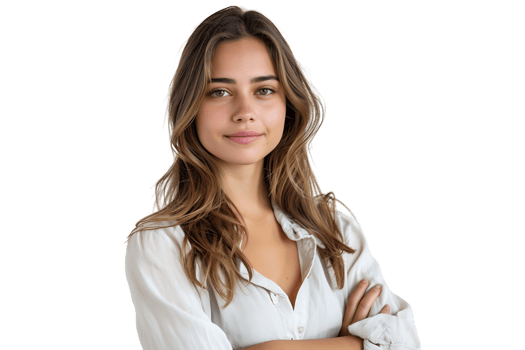 Portrait of young European woman standing with crossed arms on isolated transparent background png
