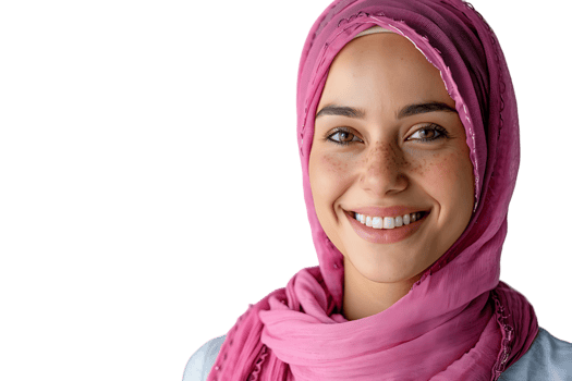 Happy Muslim woman in pink hijab, cheerfully smiles at camera, posing on isolated transparent background png