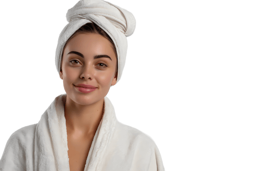 Woman in white bathrobe and towel on head standing on isolated transparent background png