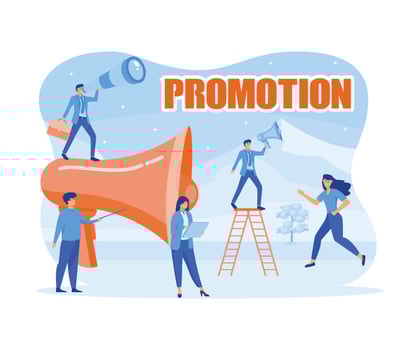 Promotion with megaphone. Big loudspeaker, promoter speaks people, attracts investors and businessmen. Social media marketing online business concept. flat modern illustration vector