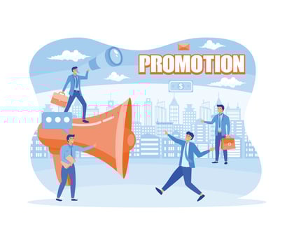 Promoters speak with big megaphones and attract buyers investors and entrepreneurs. Advertising, marketing, promotion concept. flat modern illustration vector