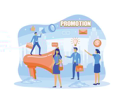Advertising, marketing, promotion concept. Loudspeaker speaks to the crowd. Promoters speak in big megaphones and business people listen to announcements carefully. flat modern illustration vector