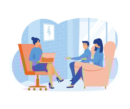 Married young couple at psychologist's appointment. Marriage crisis, conflict, relationship problem. flat modern illustration vector