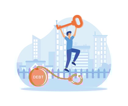 Debt free or freedom for pay off debts, loan or mortgage, savings or investment to break free, happy businessman holding golden key after unlock debt burden chain. flat modern illustration vector
