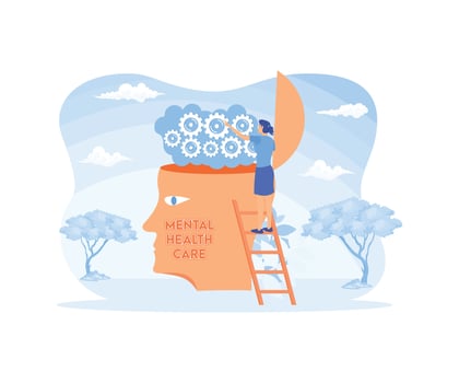 Mental health care treatment concept. specialist doctor work to give psychology therapy. Tiny people character with ladder design. flat modern illustration vector