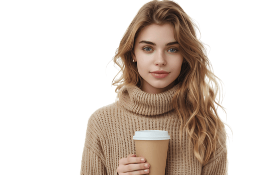 European woman in beige pullover standing with coffee cup on isolated transparent background png