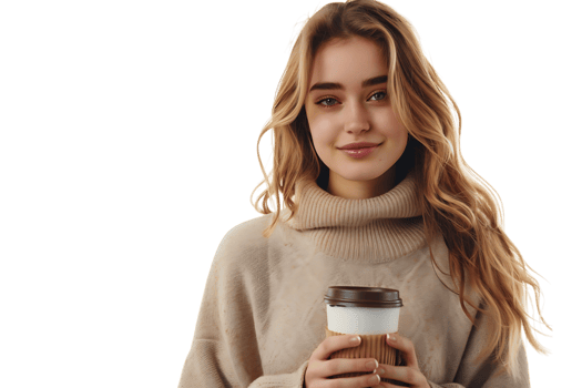 European woman in beige pullover standing with coffee cup on isolated transparent background png