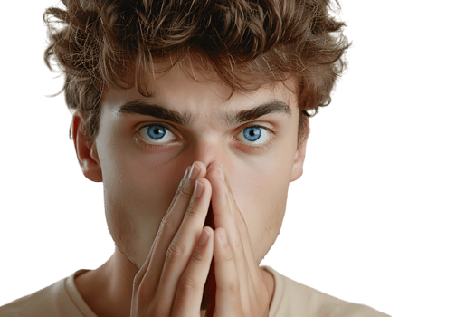 Close up portrait of young man holding his nose as if smelling something on isolated transparent background png