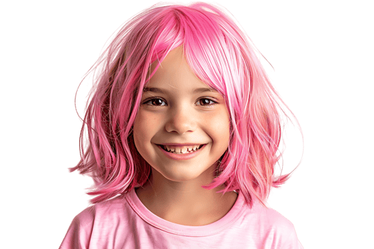 Close-up portrait of young girl wearing pink wig and shirt on isolated transparent background png