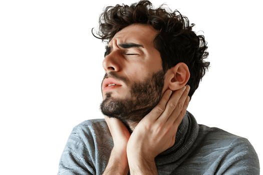 Man with painful expression rubs his neck on isolated transparent background png