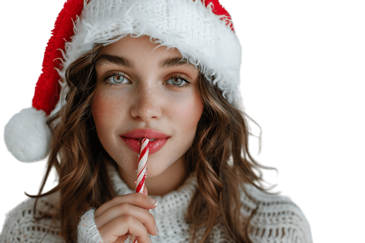 Portrait of cute woman biting christmas candy wearing santa hat. on isolated transparent background png