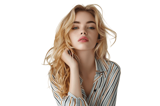 Portrait girl looking away blonde dressed in striped shirt. Fashion concept on isolated transparent background png