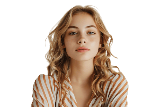 Portrait girl looking away blonde dressed in striped shirt. Fashion concept on isolated transparent background png