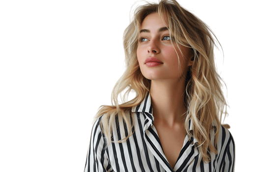 Portrait girl looking away blonde dressed in striped shirt. Fashion concept on isolated transparent background png