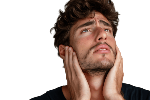 Man with painful expression rubs his neck on isolated transparent background png